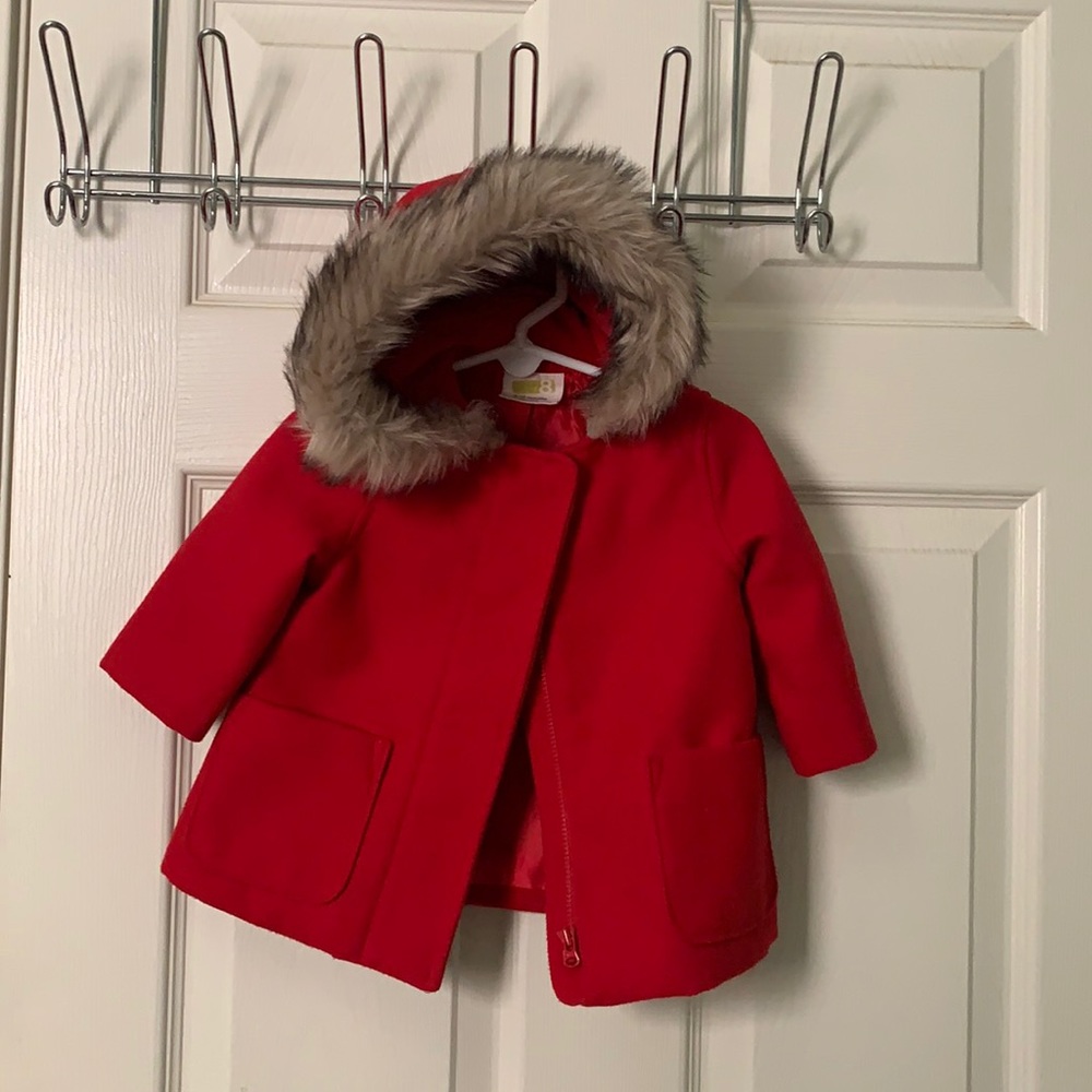 Baby girl/Toddler Red pea coat with hood 6-12mo